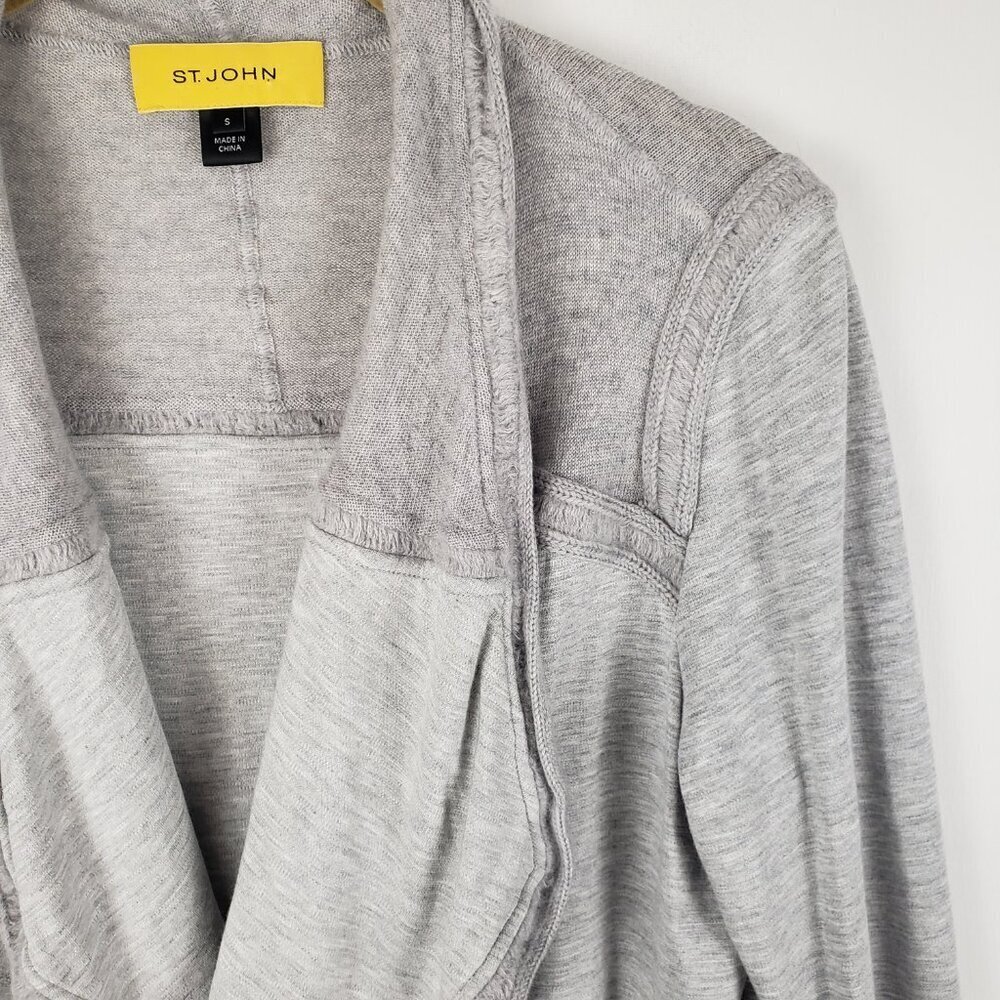 St. John Open Front Cardigan Gray Wool Contrast Drape Collar Womens Size Small - Picture 4 of 9